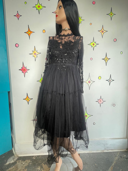 Vintage 80s Goth Lace Tulle Dress Black Romantic Vamp Tutu Maxi Prom Goth Gown S