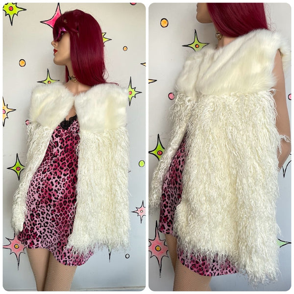 Oversized Shaggy White Faux Fur Boho Vest Statement Shag Festival Piece L/XL