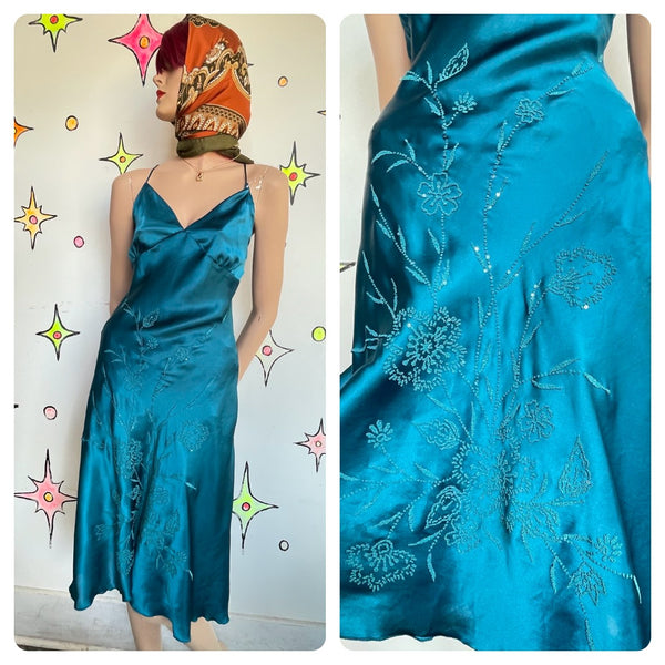 90s Peacock Blue Beaded Slip Dress Mermaidcore Silk-Feel Midi Y2K Grunge Fairy M
