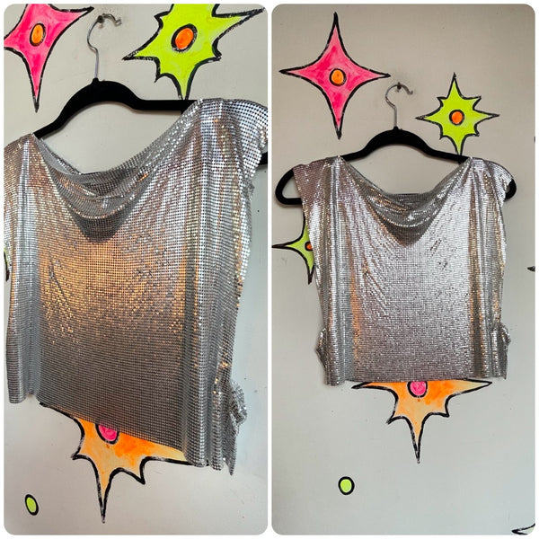 Vintage Y2K Silver Chainmail Disco Top Metallic Mesh Clubwear Party Statement Top