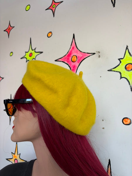 Bright Yellow Wool-Blend Beret Kawaii Whimsigoth Fairy Grunge Hat Accessory
