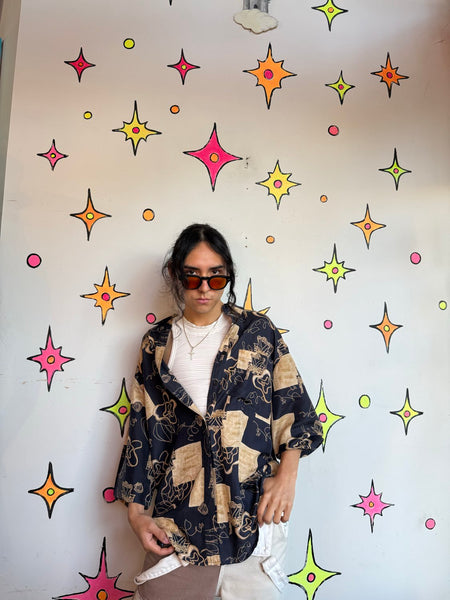 Vintage 90s Abstract Silk Shirt | Artsy Whimsy Goth Wearable Art Button Up L