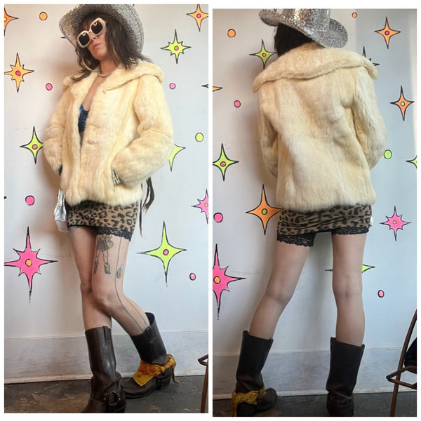 Vintage Rabbit Fur Jacket | Cream Old Money Luxe Glam Fur Coat XS S