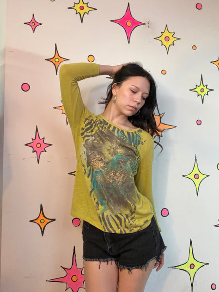 Y2K Chartreuse Zebra Print Tee | McBling Glam Animal Print Top Small