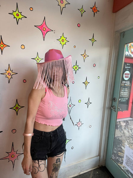 Pink Fringe Cowgirl Hat Barbiecore Western Glam Rodeo Statement Hat