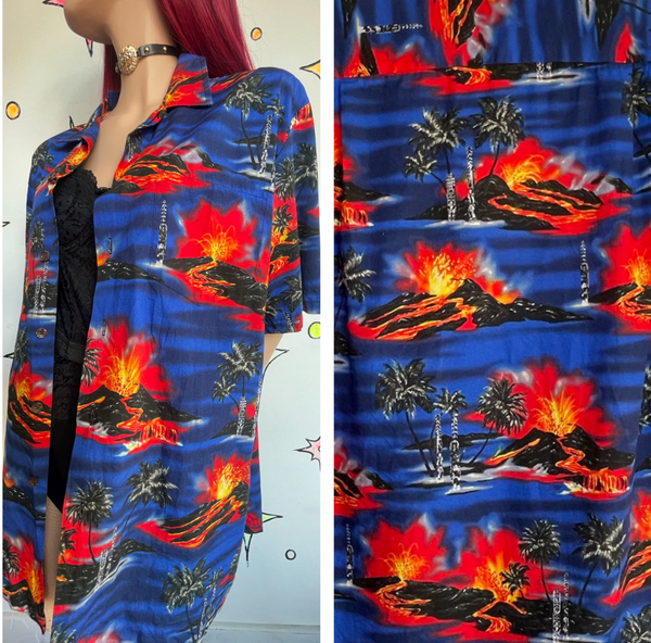 Y2K Men's Volcano Graphic Souvenir Hawaiian Shirt Tiki Party Vacation Tee XL
