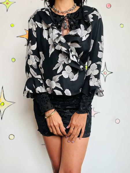 Vintage 90s Black Floral Silk Wrap Blouse - Fairy Grunge Whimsy Goth - Small
