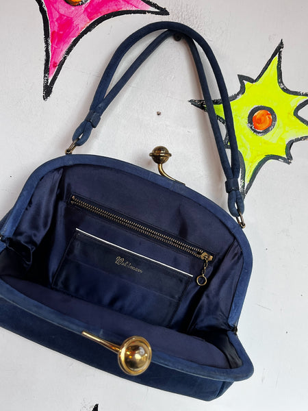 Blue Suede Clutch – 1940s Waldman Purse – Art Deco – Vintage Soft Suede Handbag