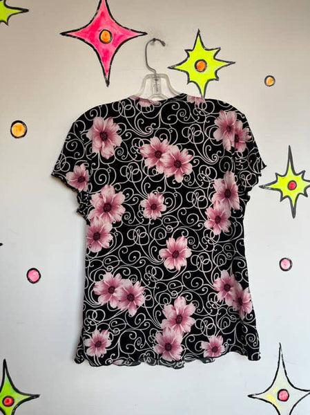 Y2K Black Fairy Grunge Top – Coquette Whimsy Goth Stretchy Floral Blouse – XL