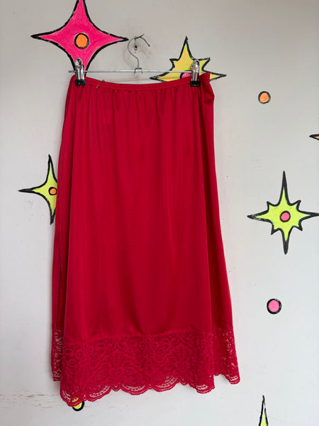 Vintage Crimson Red Nylon Lace-Trim Half Slip w Side Slit Fairy Goth Babydoll ML