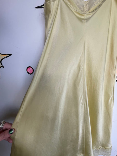 Vintage Pastel Silky Yellow Slip Dress with Lace Fairy Grunge Lingerie M