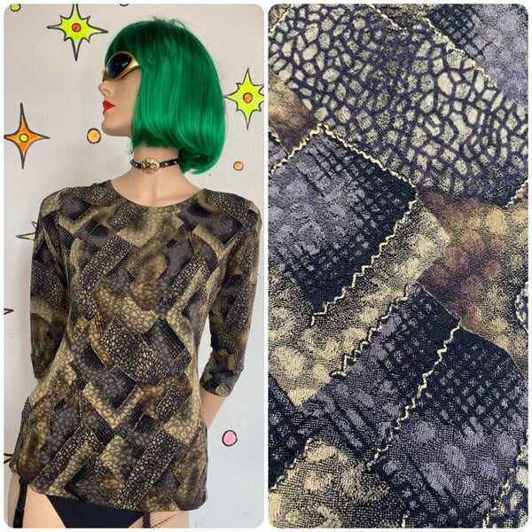 90s Abstract Patchwork Animal Print Top Elementz 3/4 Sleeve Grunge M