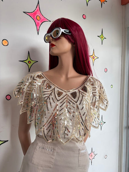 Vintage Gold Sequin Flapper Cape Art Deco Beaded Shrug Glam Festival Rave