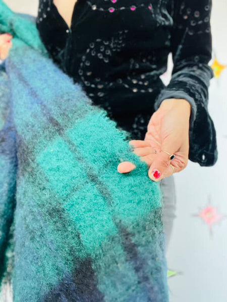 Vintage Fuzzy Tartan Scarf Navy & Green Emo Grunge Mohair Wool Oversized Wrap