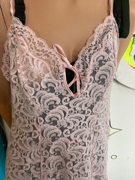90s Y2K Pink Lace Slip Dress Fairy Grunge Coquette Balletcore Lingerie Mini - L