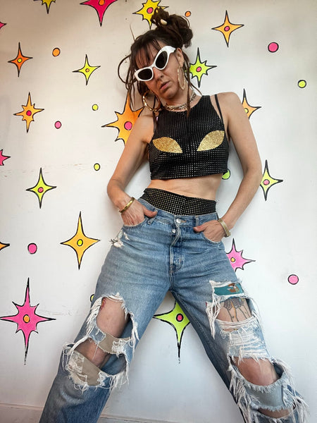 Y2K Handmade Alien Rave Set Metallic Crop Top Micro Shorts Cyber Goth Costume L