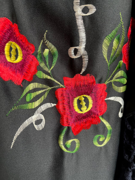 Witchy Black Western Boho Piano Shawl Scarf ' Fringe Red Floral Embroidery