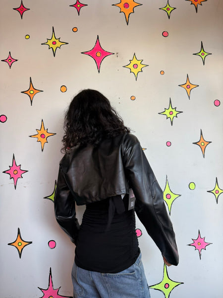 Y2K Black Cropped Moto Jacket | Vegan Leather Goth Grunge Cropped Jacket M