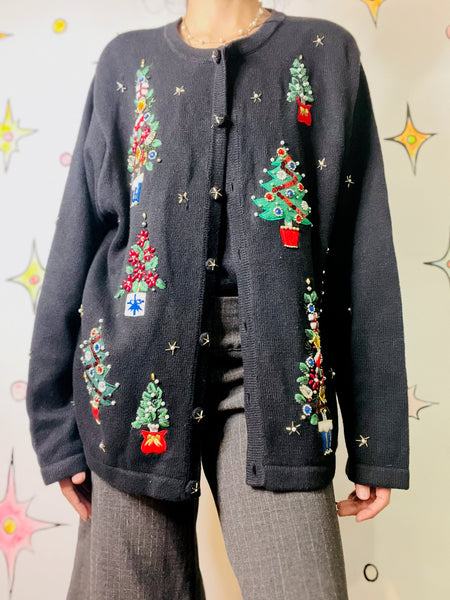 Vintage Embellished 80s 90s Black Ugly Tacky Christmas Sweater Cardigan – XL