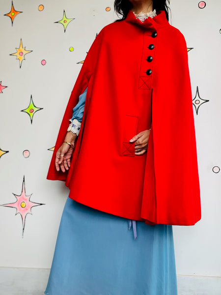 Vintage 60s Cherry Red Cape Coat | Heavy Warm Wool Feel Cloak | Mod Swing Cape