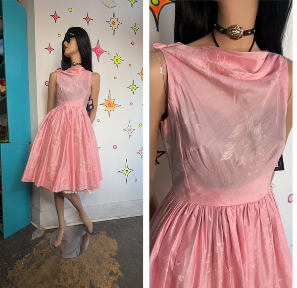 Vintage 50s Pink Bows Dress Babydoll Cotton Cupcake Party Kawaii Twirl Pinup S/M