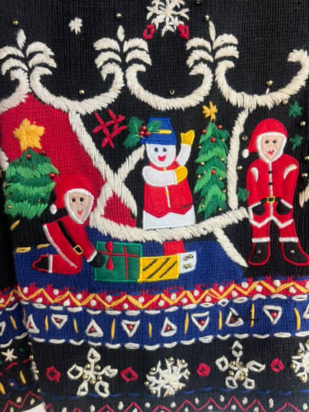 Vintage 80s 90s Black Ugly Tacky Christmas Sweater Cardigan Santa & Snowman – M
