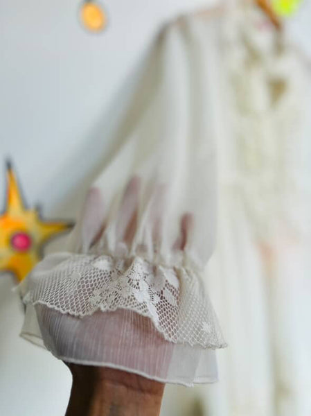 Vintage 90s Y2K Sheer White Ruffle Neck Pirate Victorian Dress Romantic Boho | M