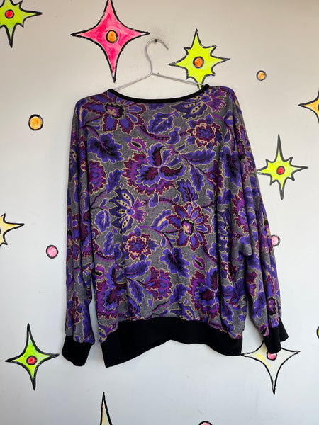 Vintage 80s 90s Purple Boho Fairy Grunge Digital Floral Batwing Sweater - XL