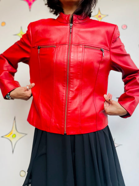 Y2K Cherry Red Leather Jacket - Indie Sleaze Glam Rock Moto Style - Size M