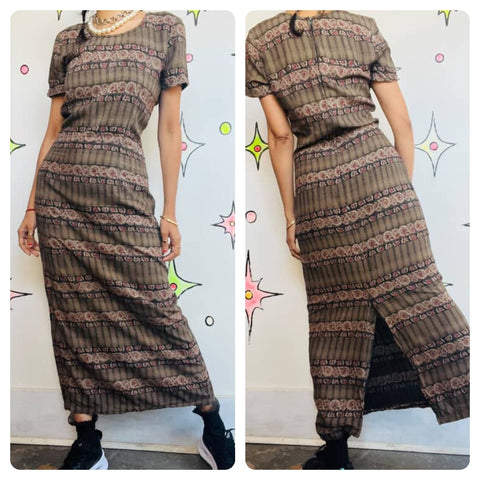 Vintage 90s Witchy Boho Fairy Grunge Maxi Dress | Plaid Floral Slit Dress Sz 8