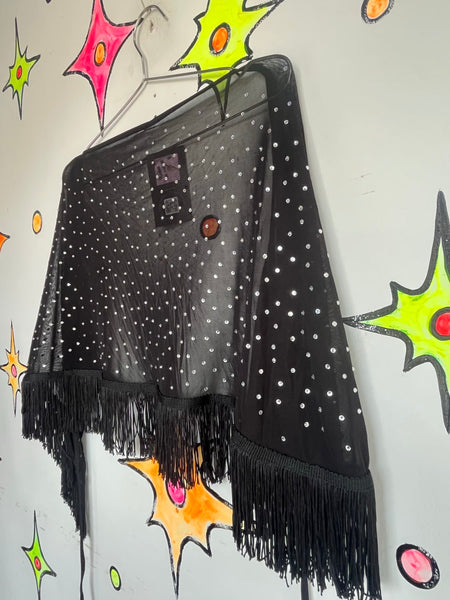 Sheer Black Rhinestone Fringe Capelet Western Gothic Flapper Glam Cover-Up
