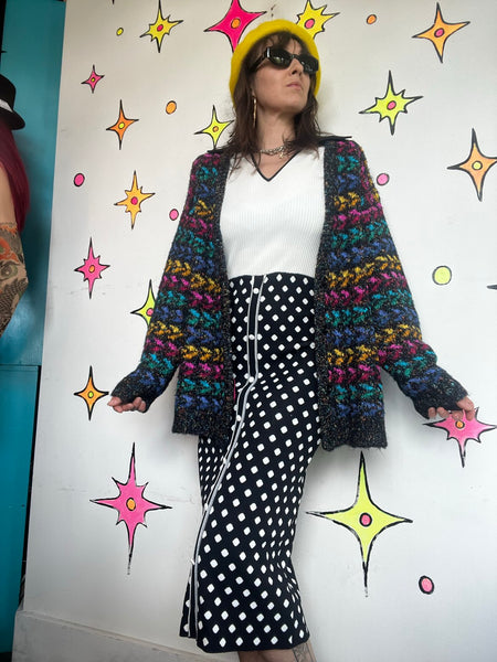 Retro 90s Black & White Polka Dot Dagger Collar Midi Dress 60s 70s Mod Knit M