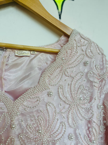 Vintage 80s Pink Pearl Beaded Lace Formal Gown Victorian Pastel Princess Dress M