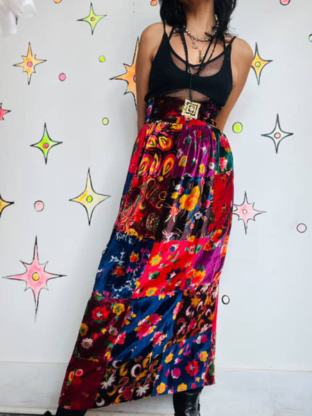 Vintage 60s 70s Boho Velvet Patchwork Maxi Skirt w Belt - Oscar de la Renta – XS