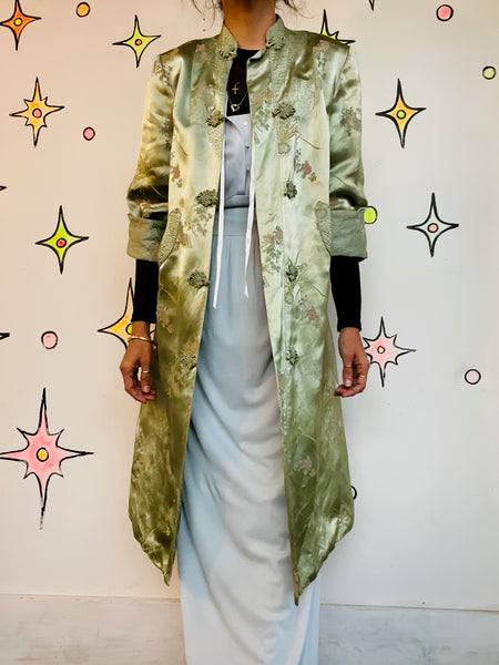 Jade Green Silk Robe Geisha Kimono | Vintage Lounge Boudoir Robe Size S - M