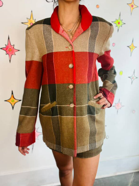 Vintage 80s Red & Green Tartan Plaid Wool Christmas Holiday Preppy Blazer – S