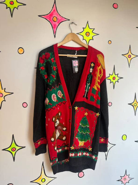 Vintage 80s 90s Ugly Tacky Christmas Party Sweater Cardigan w Teddy Bear M/L