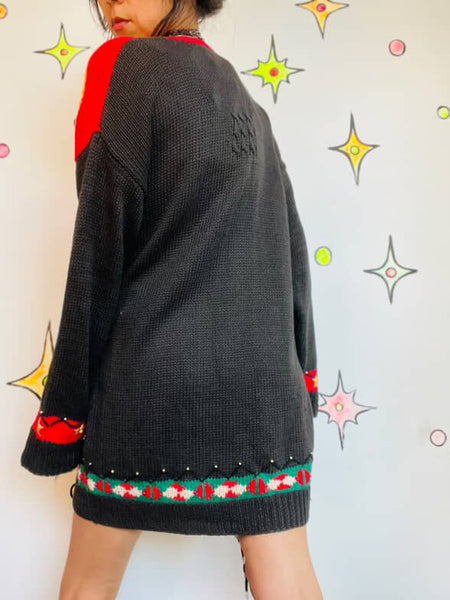 Vintage 80s 90s Ugly Tacky Christmas Party Sweater Cardigan w Teddy Bear M/L