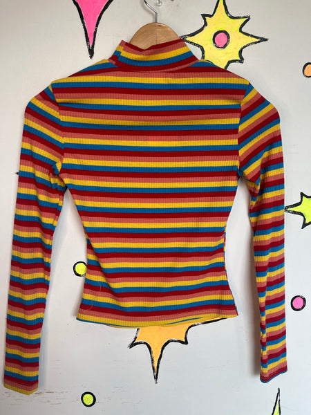 Rainbow Ribbed Turtleneck Clowncore Retro Mod 60s Y2K Colorful Stretch Top XS