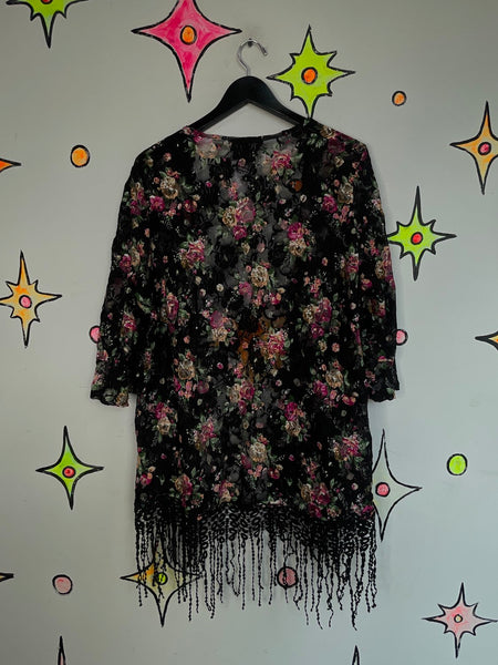 Y2K Black Lace Fringe Top | Whimsy Goth Boho Western Fairy Duster Blouse ML