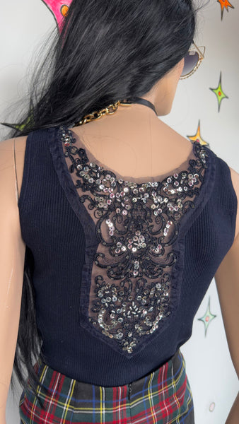 Y2K Beaded Ribbed Top Navy Blue Sequin Fairy Grunge Glam 2000s Party top - S/M