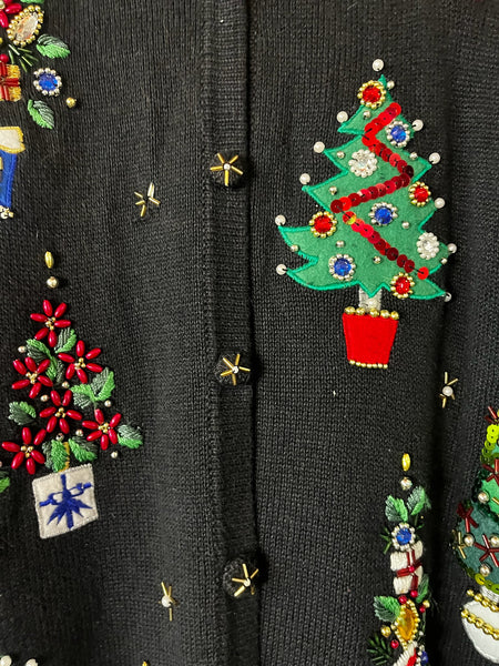 Vintage Embellished 80s 90s Black Ugly Tacky Christmas Sweater Cardigan – XL