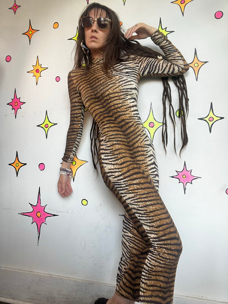 Tiger Print Maxi Dress Y2K Animal Print Bodycon Goth Grunge Stretch Dress | M