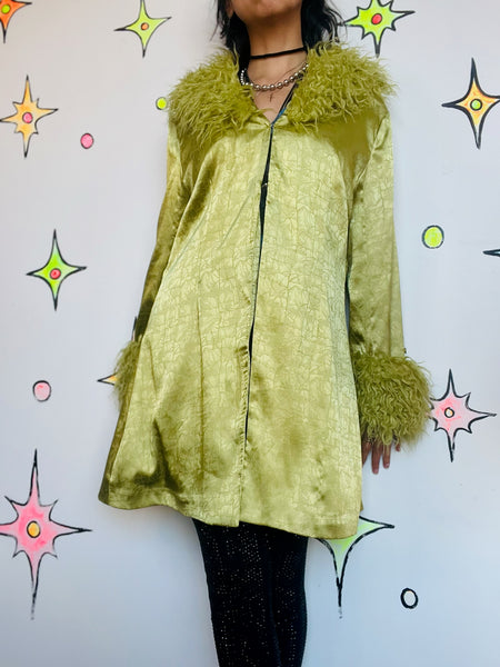 Vintage 90s Y2K Silky Lime Green Robe Boho Grunge Glam Coat w Faux Fur Trim - M