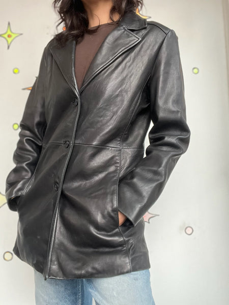Vintage 90s Black Leather Trench Coat Goth Grunge Leather Jacket - Small