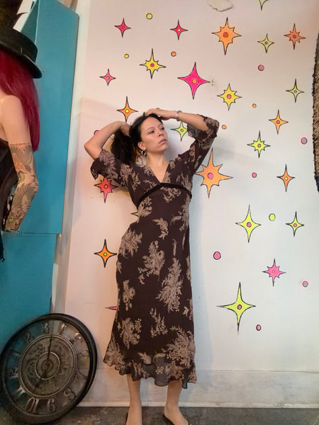 Vintage 90s Black Witchy Boho Gauzy Fairy Grunge Maxi Dress w Side Slit – Size S