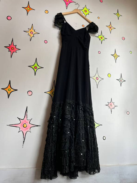Vintage Tulle Mermaid Ruffle Hem Maxi Dress Black Lace Old Hollywood Glam 1930s