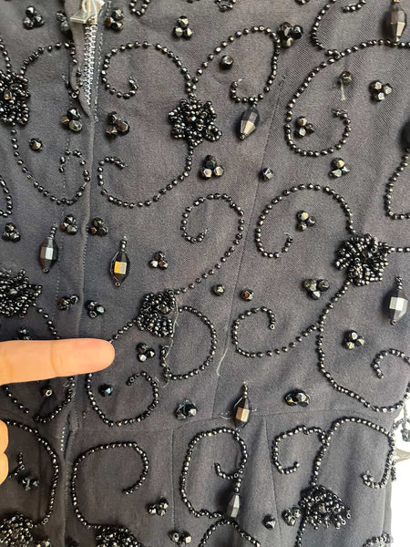 Vintage 1950s Black Beaded Wiggle Dress – Pin-Up Glam Goth Old Hollywood – Small