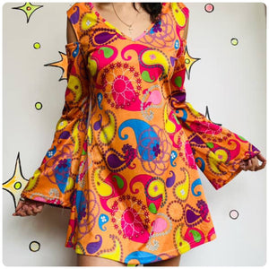 Retro 90s Does 60s/70s MOD GoGo Psychedelic Rainbow Paisley Mini Dress – M