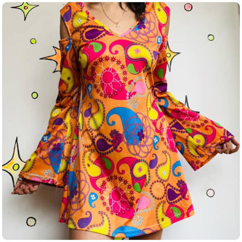 Retro 90s Does 60s/70s MOD GoGo Psychedelic Rainbow Paisley Mini Dress – M